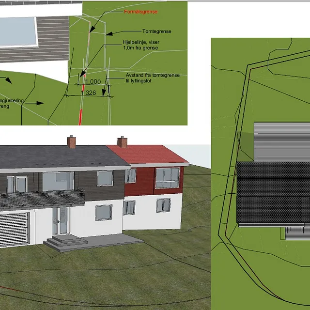 Viser et 3D-modell av hus med terrengjustering og tomtegrenser. Inkluderer detaljer om bygging.