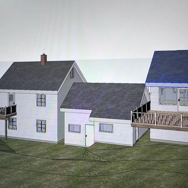Tegning av tre hus i variert design med balkonger og grønt landskap.