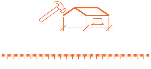 Illustrasjon av et hus, hammer og linjal i oransje. Symboliserer byggeprosjekter.