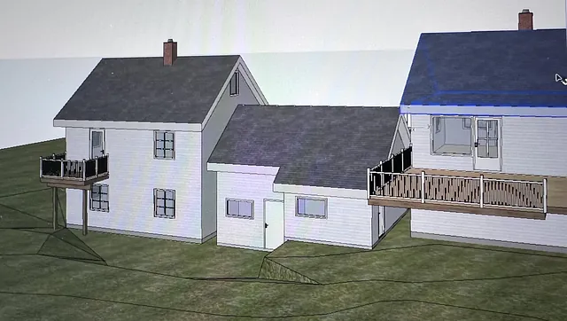Tegning av tre hus i variert design med balkonger og grønt landskap.